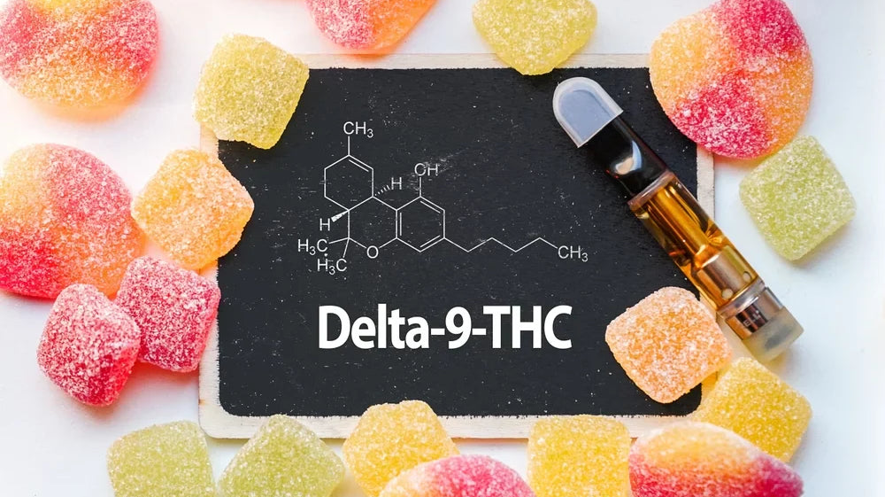 Hemp delta-9 THC gummies and a vape cartridge surrounding a sign labeled Delta-9-THC, connecting the question: is delta-9 legal?