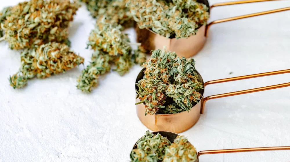 Marijuana buds, leaves and resin, flat lat, top view