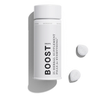 White bottle labeled "Boost" containing 25 herbal supplement pills, with two pills displayed beside it.