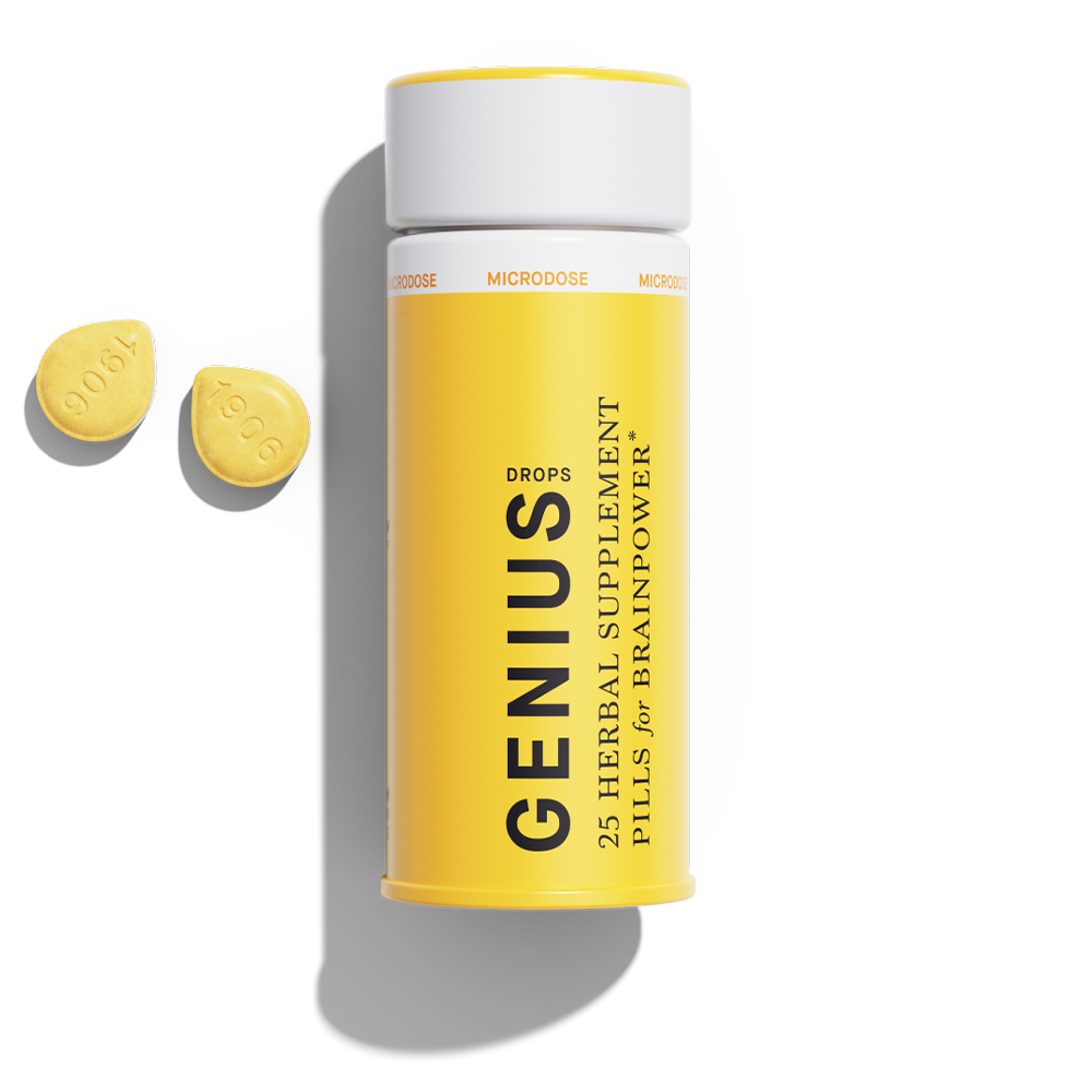 Bottle of 1906 Genius herbal supplement pills for brainpower, featuring two yellow microdose pills beside it.