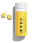 Bottle of 1906 Genius herbal supplement pills for brainpower, featuring two yellow microdose pills beside it.