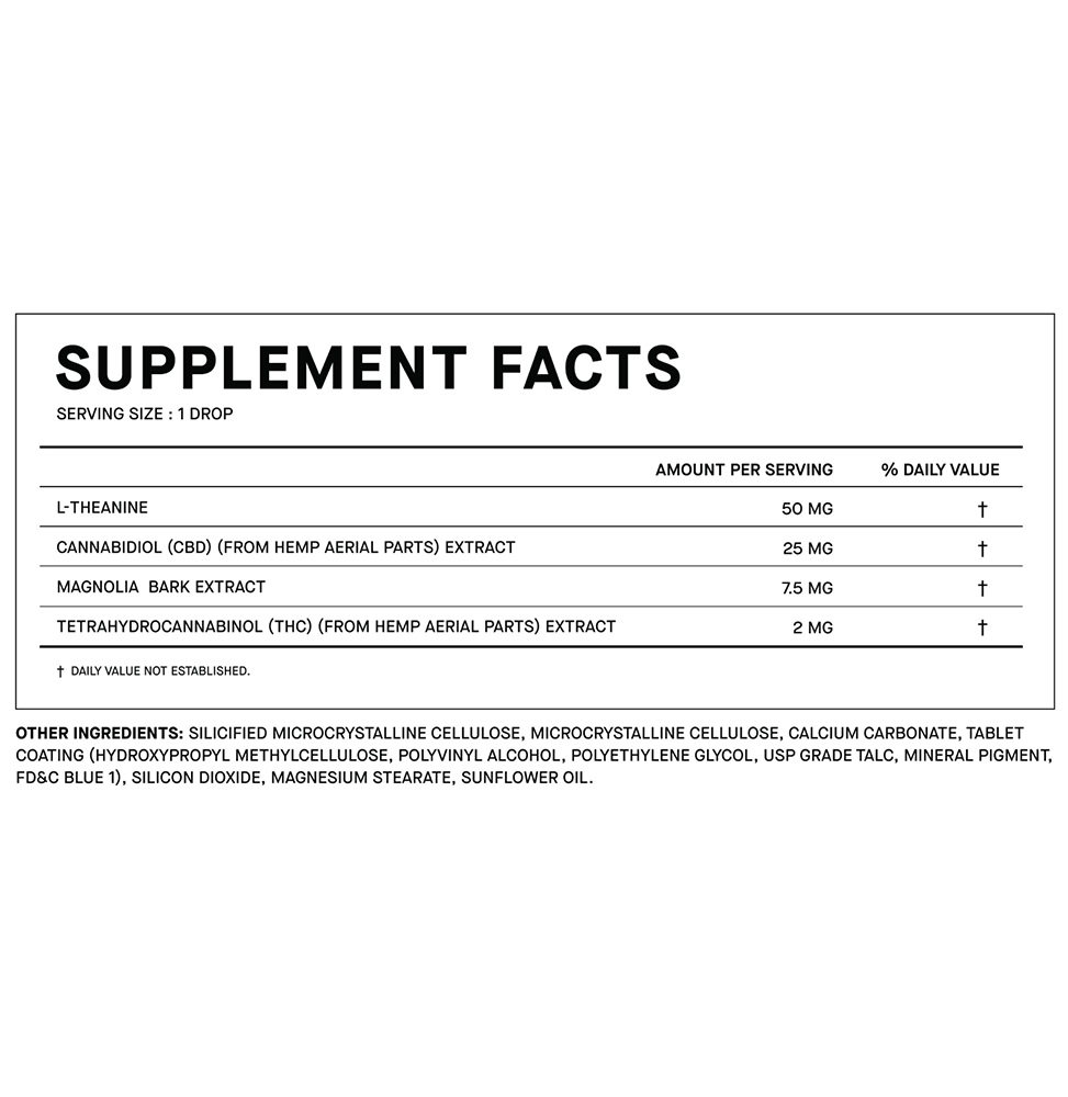 Supplement facts for 1906 Chill, detailing ingredients like CBD, L-theanine, and THC, with serving size noted.