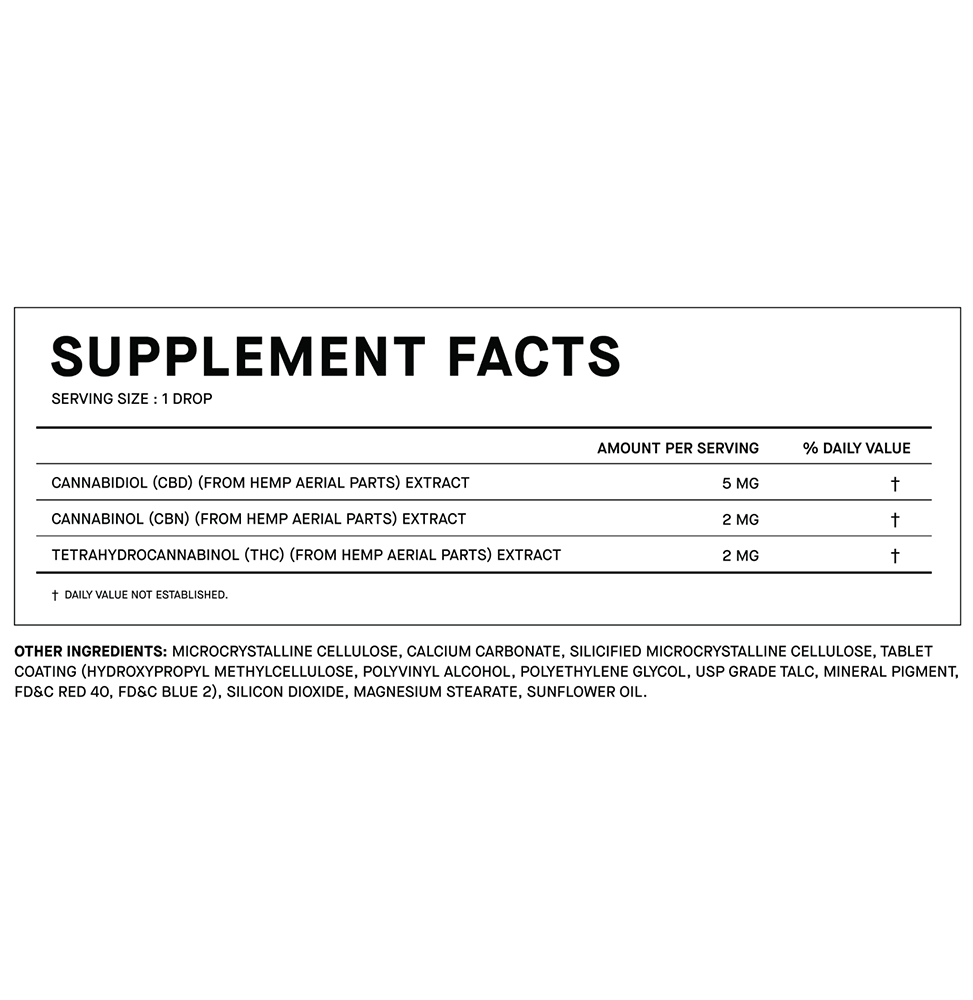 Supplement facts for 1906 Sleep, detailing ingredients and amounts per serving for CBD and CBN extracts.
