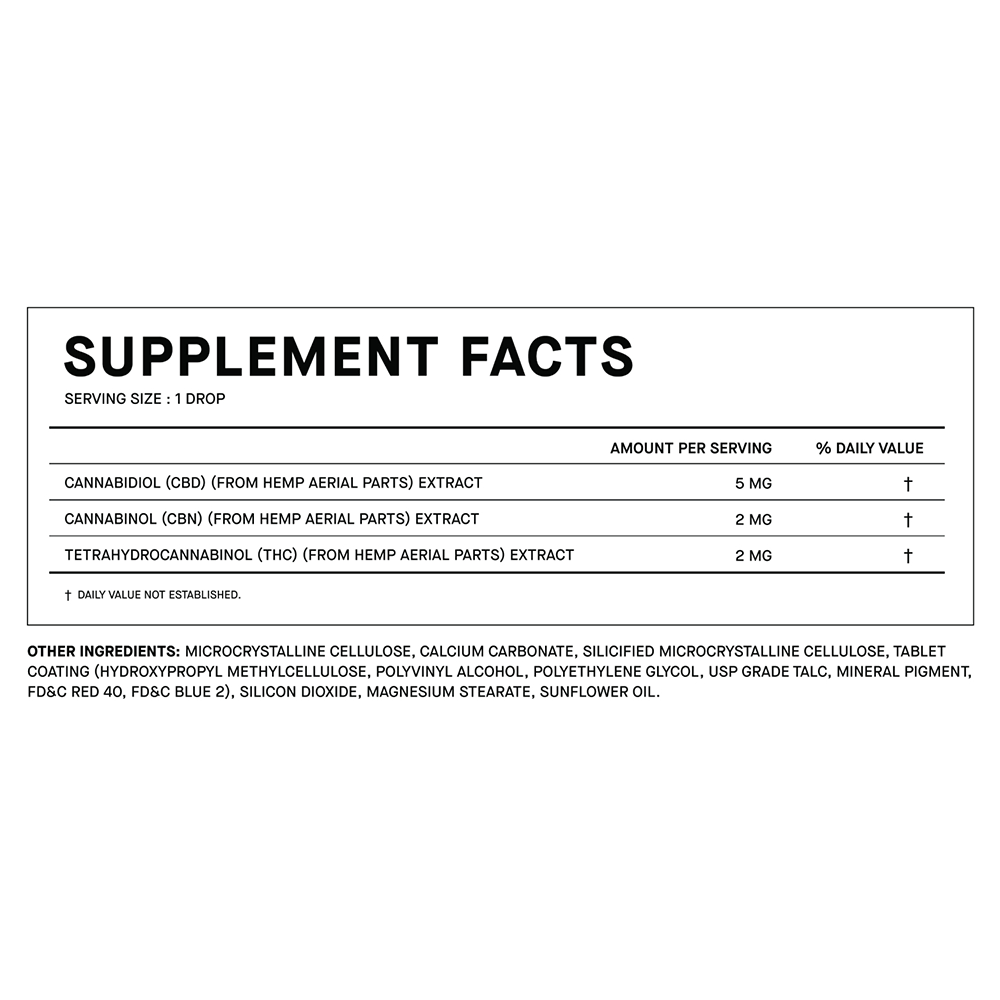 Supplement facts for 1906 Sleep, detailing ingredients and amounts per serving for CBD and CBN extracts.