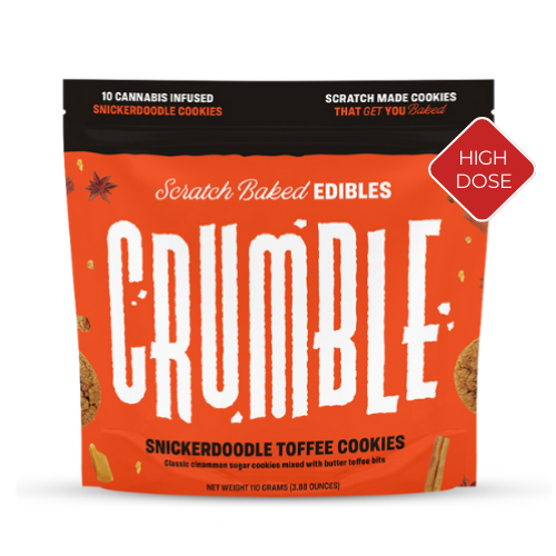 Crumble Snickerdoodle Toffee Cookie package featuring high-dose cannabis-infused cookies with cinnamon and toffee bits.