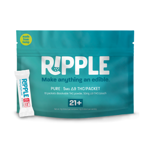 Blue and teal hemp-derived THC packet labeled "RIPPLE" with 10 dissolvable packets, 5mg THC each, for edible use.