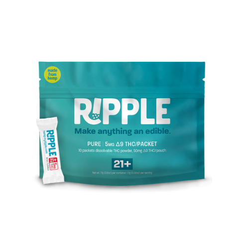 RIPPLE PURE DISSOLVABLE pack containing 10 packets of 50mg THC powder for easy edible preparation. Made from hemp.
