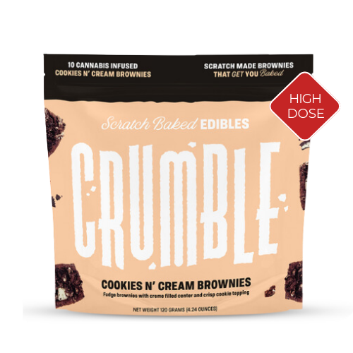 Crumble Cookies N' Cream Brownies package featuring high-dose, cannabis-infused fudge brownies with cookie topping.