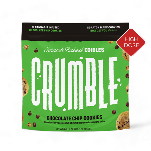 Crumble Chocolate Chip Cookies package featuring high-dose cannabis-infused cookies with a vibrant green design.