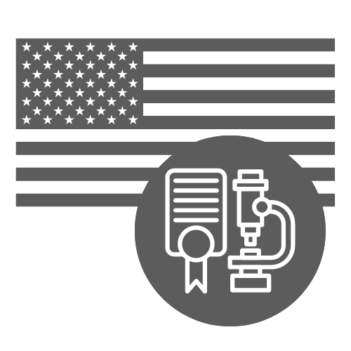 US flag with lab certification badge and microscope icon, representing federally legal, lab-verified hemp products made in...