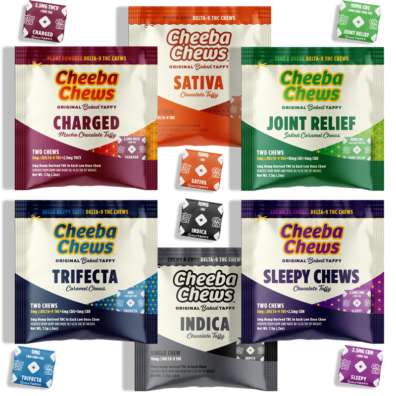 Cheeba Chews Discovery Kit featuring assorted taffy chews: Sativa, Indica, Trifecta, Charged, Joint Relief, and Sleepy Chews.
