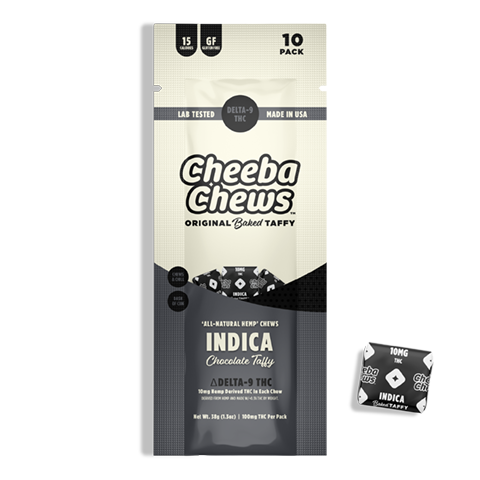Cheeba Chews Indica chocolate taffy, 100mg per bag, lab tested, made in the USA, gluten-free, 10 pieces per pack.