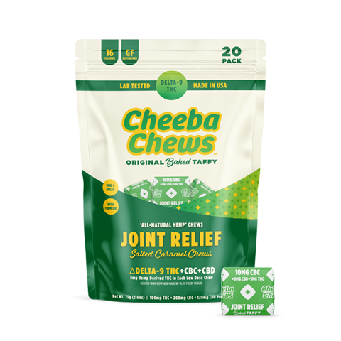 Cheeba Chews Joint Relief bag featuring salted caramel chews with 100mg total Delta-9 THC, CBC, and CBD for pain relief.