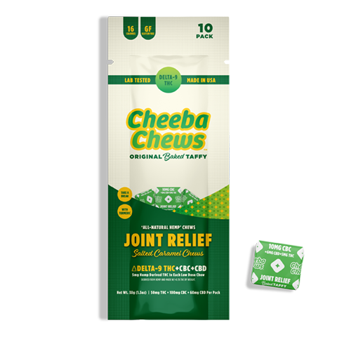 Cheeba Chews Joint Relief bag featuring salted caramel chews with Delta-9 THC, CBC, and CBD for pain relief.