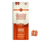 Cheeba Chews Sativa chocolate taffy, 100mg total THC per bag, featuring all-natural hemp ingredients, made in the USA.