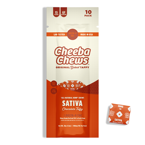 Cheeba Chews Sativa chocolate taffy, 100mg total THC per bag, featuring all-natural hemp ingredients, made in the USA.