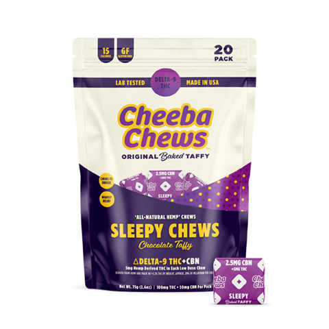 Cheeba Chews Sleepy chocolate taffy bag containing 15 chews, each with 2.5mg Delta-9 THC and 5mg CBN for restful sleep.