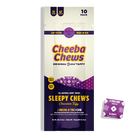 Cheeba Chews Sleepy chews packaging featuring chocolate taffy, 50mg Delta-9 THC and CBN per bag, lab tested and made in the USA.
