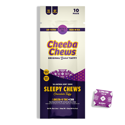 Cheeba Chews Sleepy chews packaging featuring chocolate taffy, 50mg Delta-9 THC and CBN per bag, lab tested and made in the USA.