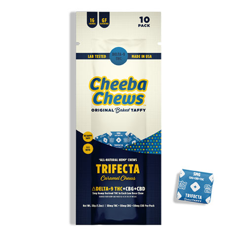 Cheeba Chews Trifecta bag featuring 10 caramel chews with 50mg total Delta-9 THC, CBD, and CBG, lab tested and made in the USA.