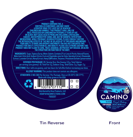 Camino Midnight Blueberry Sleep Gummies featuring 5mg THC and 1mg CBN per gummy, designed for restful sleep.