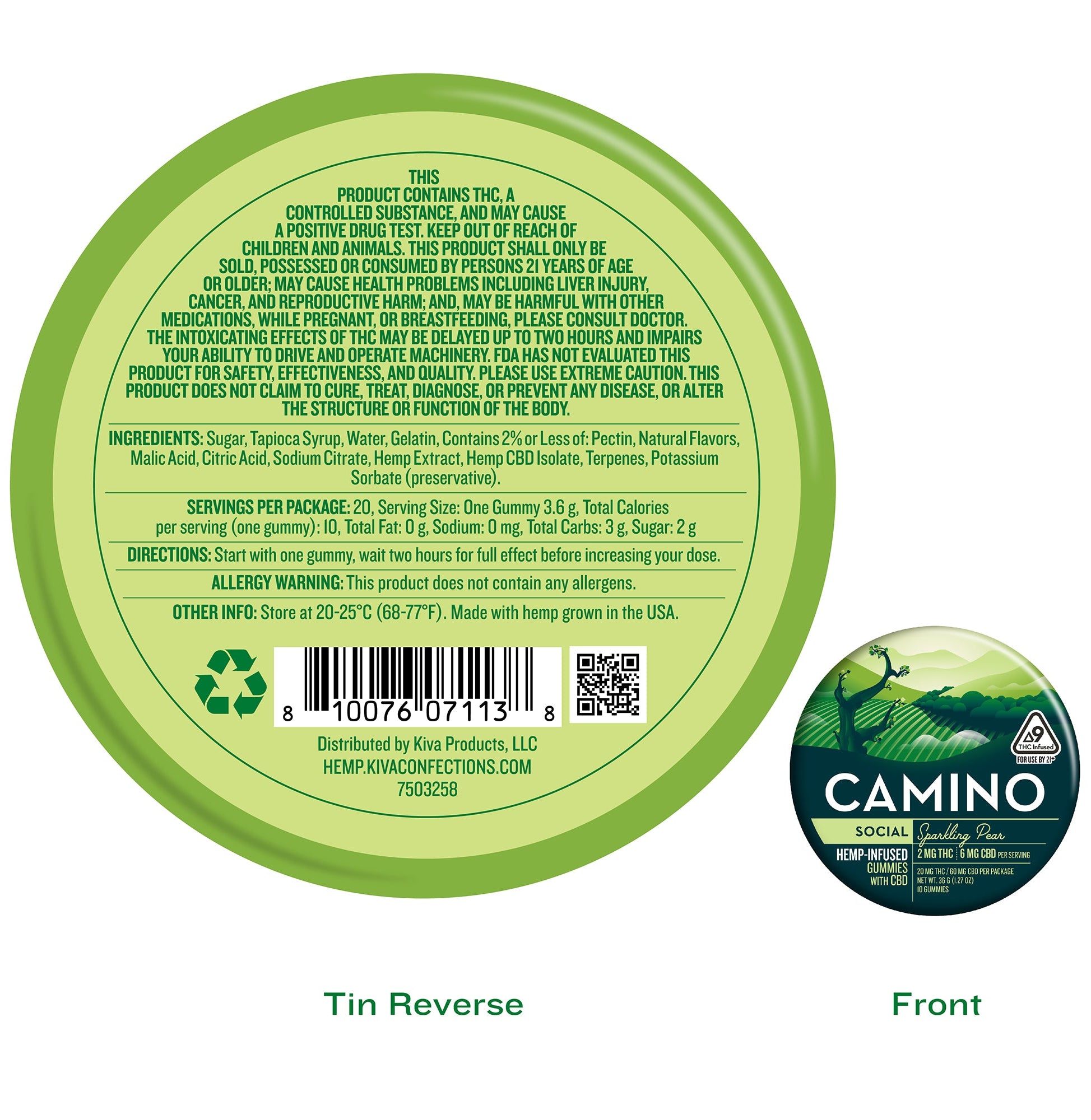 Camino Sparkling Pear gummies featuring 2mg THC and 6mg CBD per gummy, packaged in a green tin with ingredient details.