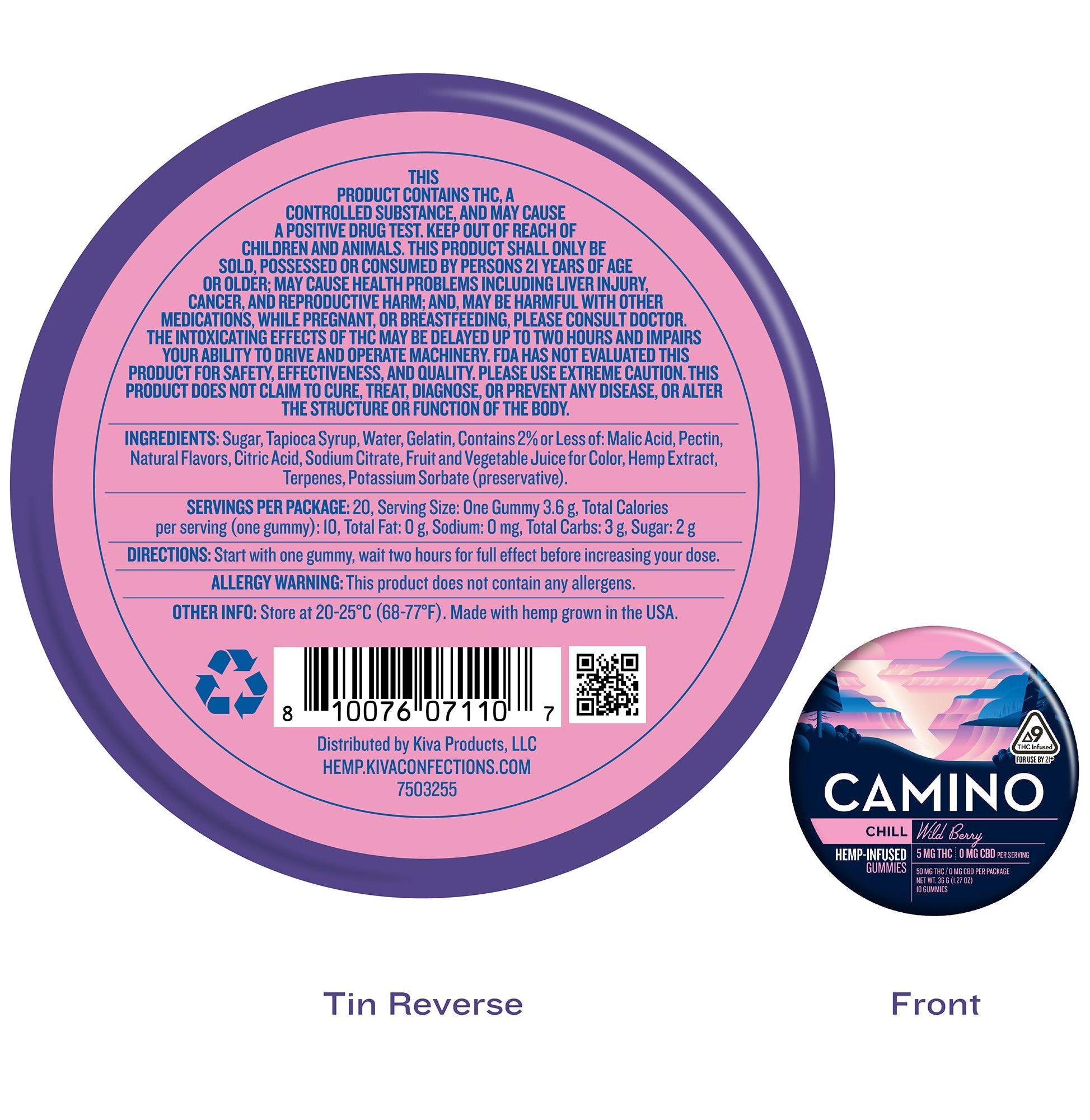 Camino Wild Berry Chill gummies featuring 5mg THC per gummy, 100mg total, in a vibrant tin packaging.