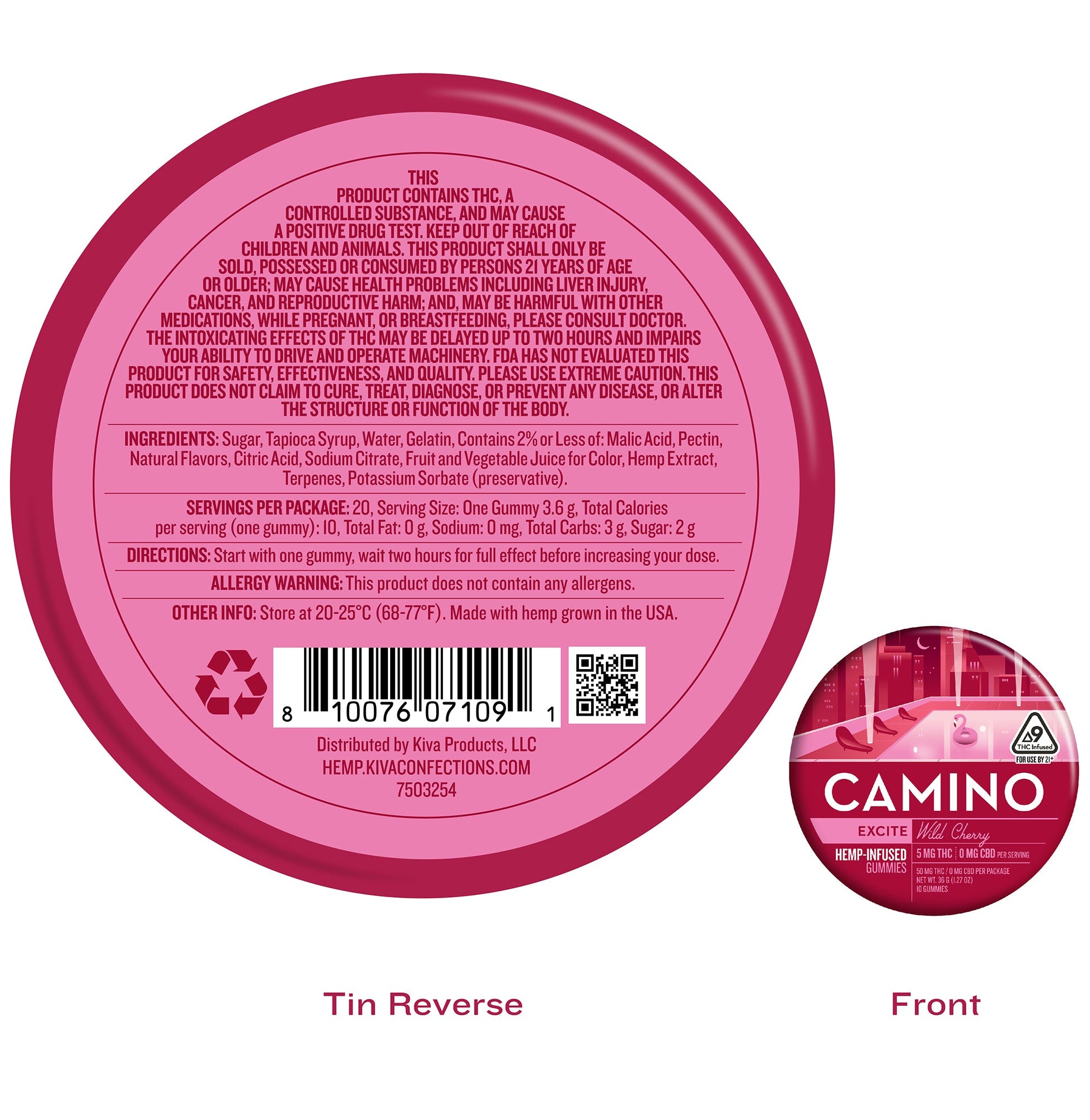 Camino Wild Cherry Excite gummies featuring 5mg THC each, packaged in a vibrant tin for easy access and storage.