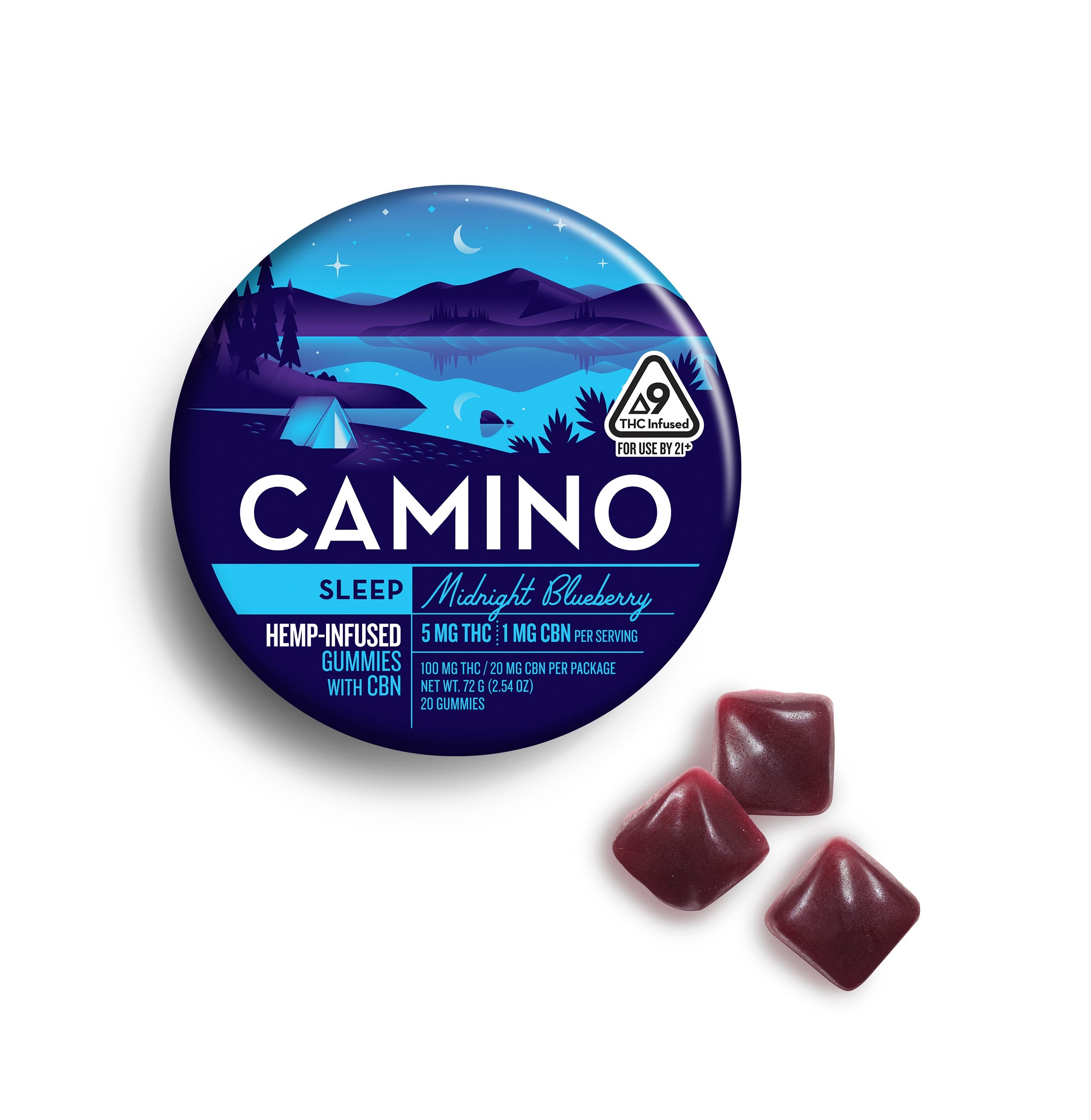 Camino Midnight Blueberry Sleep gummies featuring 5mg THC and 1mg CBN per serving, packaged in a round container.