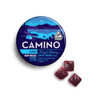 Camino Midnight Blueberry Sleep gummies featuring 5mg THC and 1mg CBN per serving, packaged in a round container.