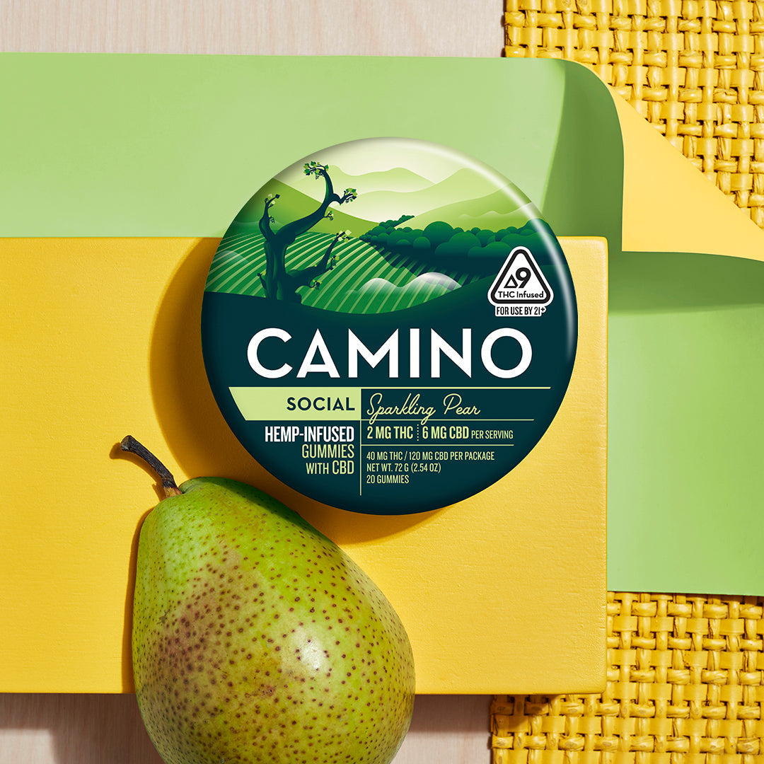 Camino Sparkling Pear gummies featuring 2mg THC and 6mg CBD per serving, packaged in a vibrant, eye-catching container.
