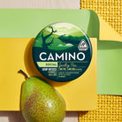 Camino Sparkling Pear gummies featuring 2mg THC and 6mg CBD per serving, packaged in a vibrant, eye-catching container.