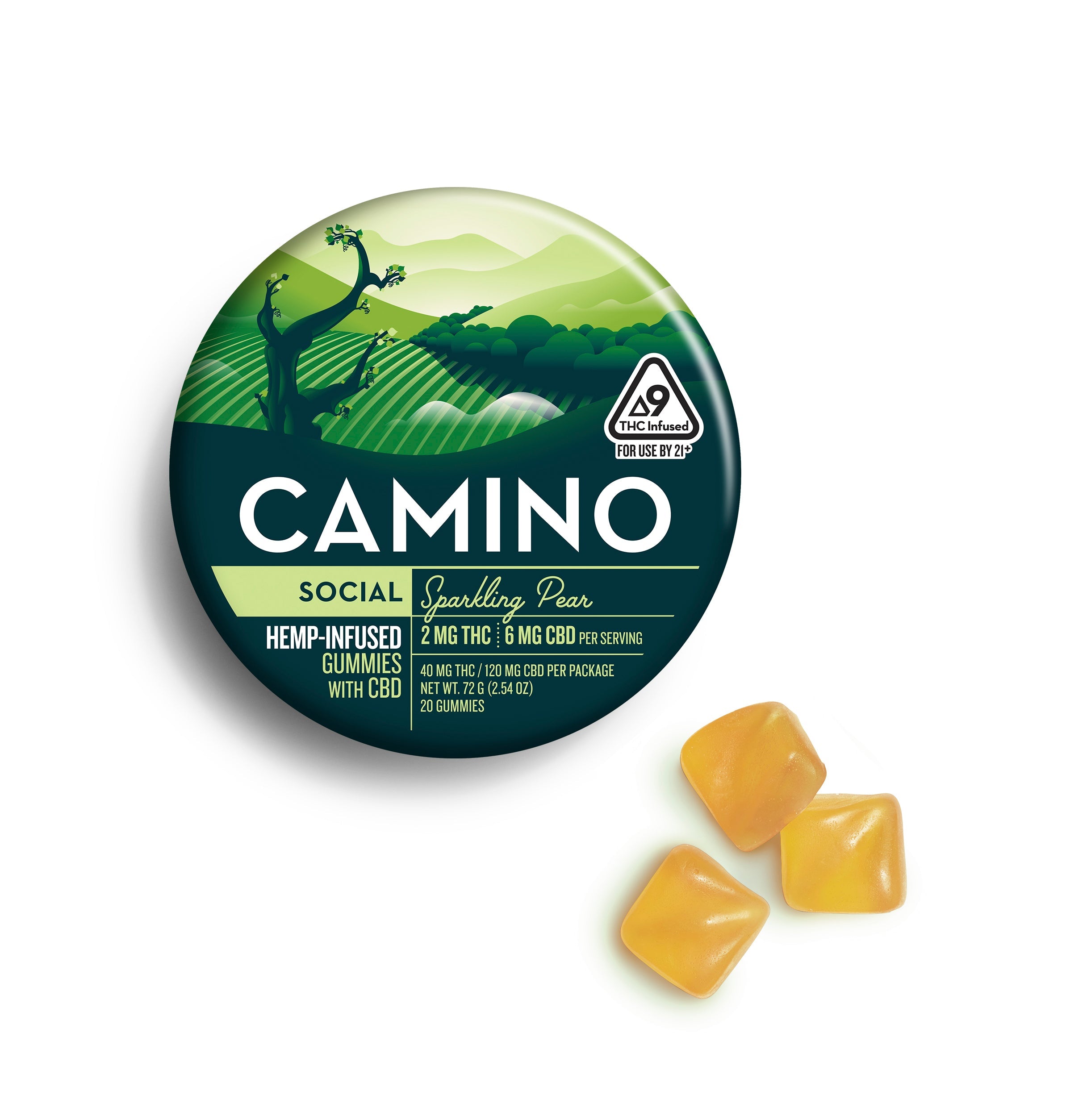 Hemp-infused Camino Sparkling Pear gummies with 2mg THC and 6mg CBD per gummy, packaged in a round tin.