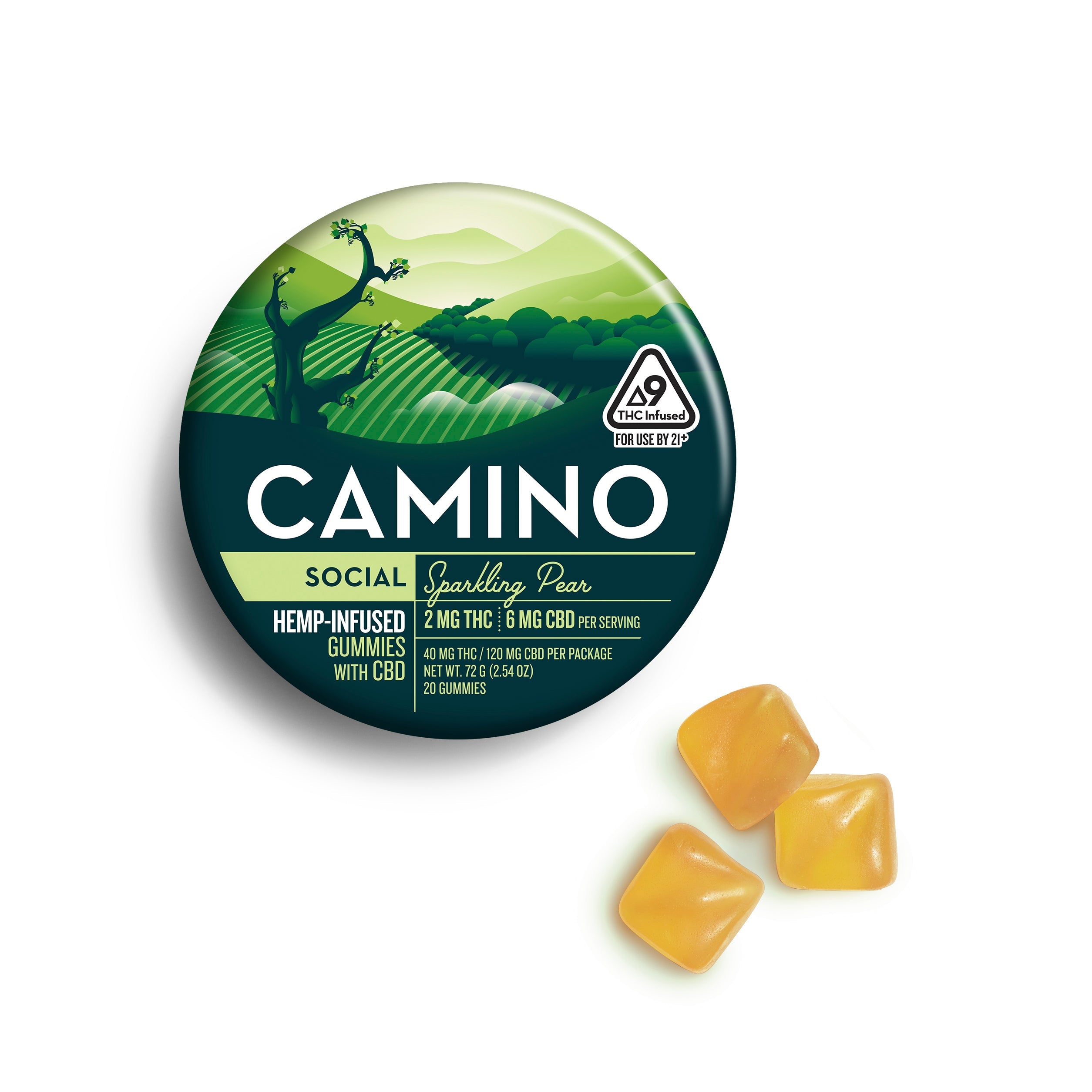 Hemp-infused Camino Sparkling Pear gummies with 2mg THC and 6mg CBD per gummy, packaged in a round tin.