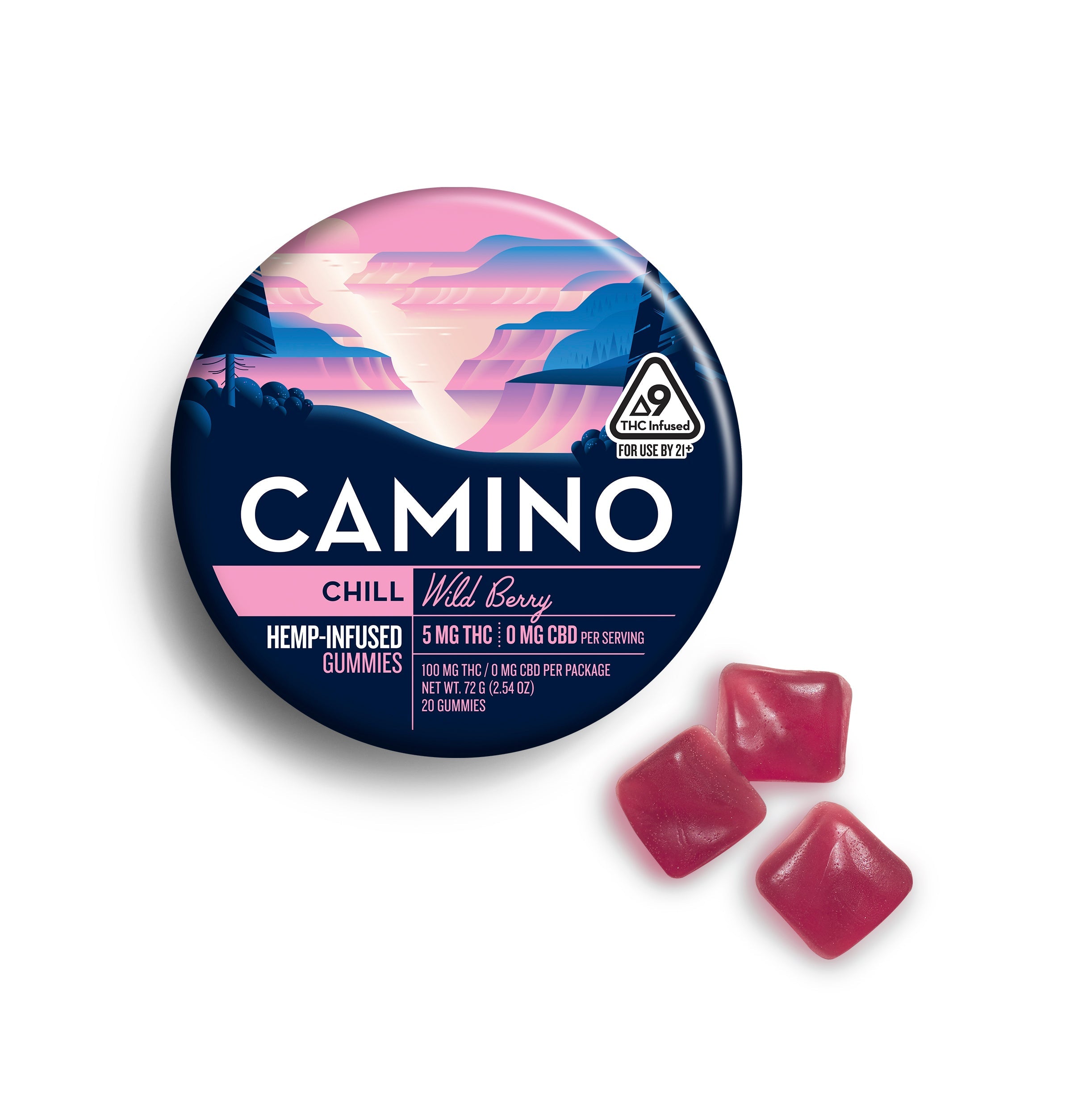 Camino Wild Berry Chill gummies featuring 5mg THC per gummy, packaged in a vibrant container with three gummies displayed.