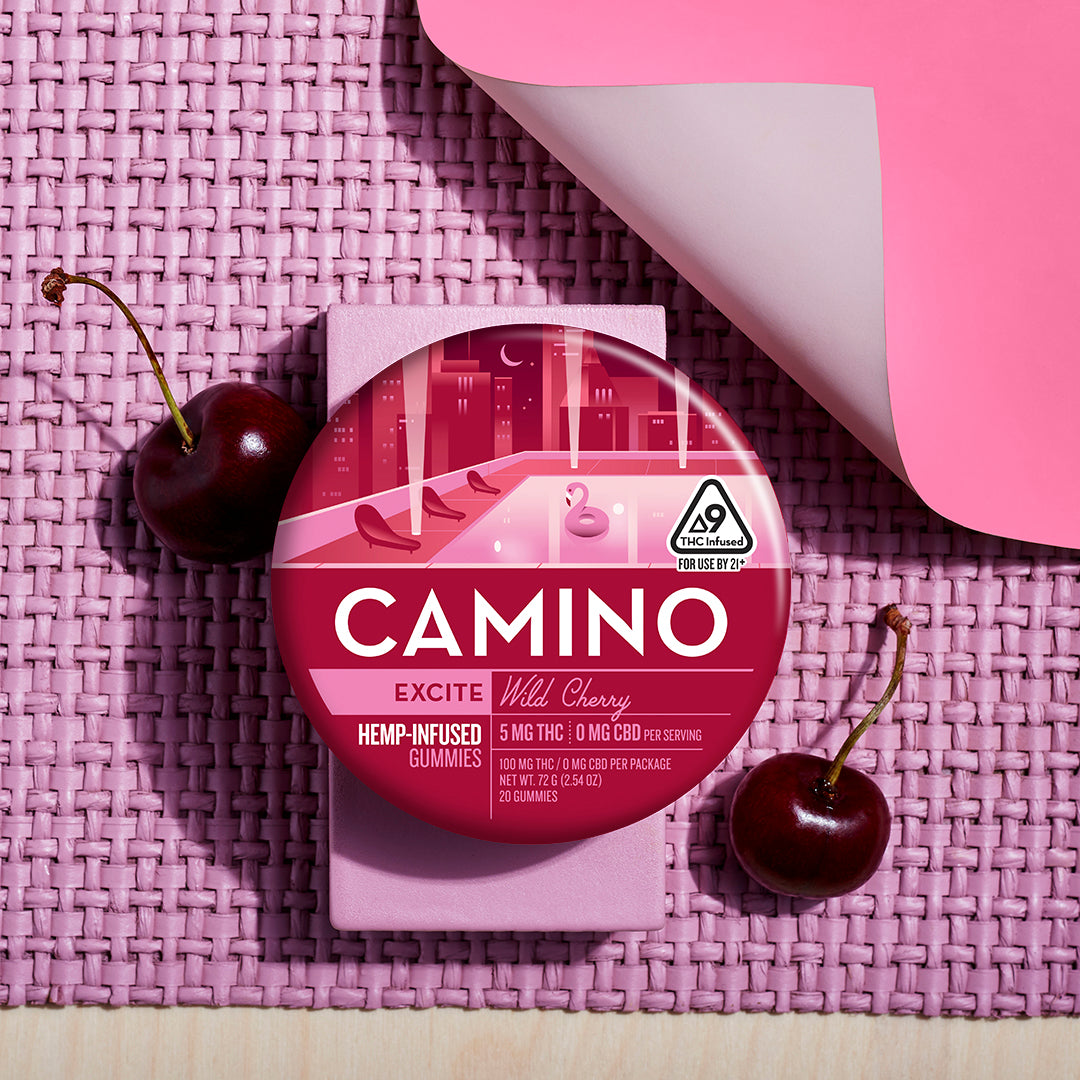 Camino Wild Cherry Excite gummies featuring 5mg THC per gummy, packaged in a vibrant round container on a textured surface.