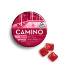 Camino Wild Cherry Excite gummies featuring 5mg THC per gummy, packaged in a vibrant container with three gummies displayed.