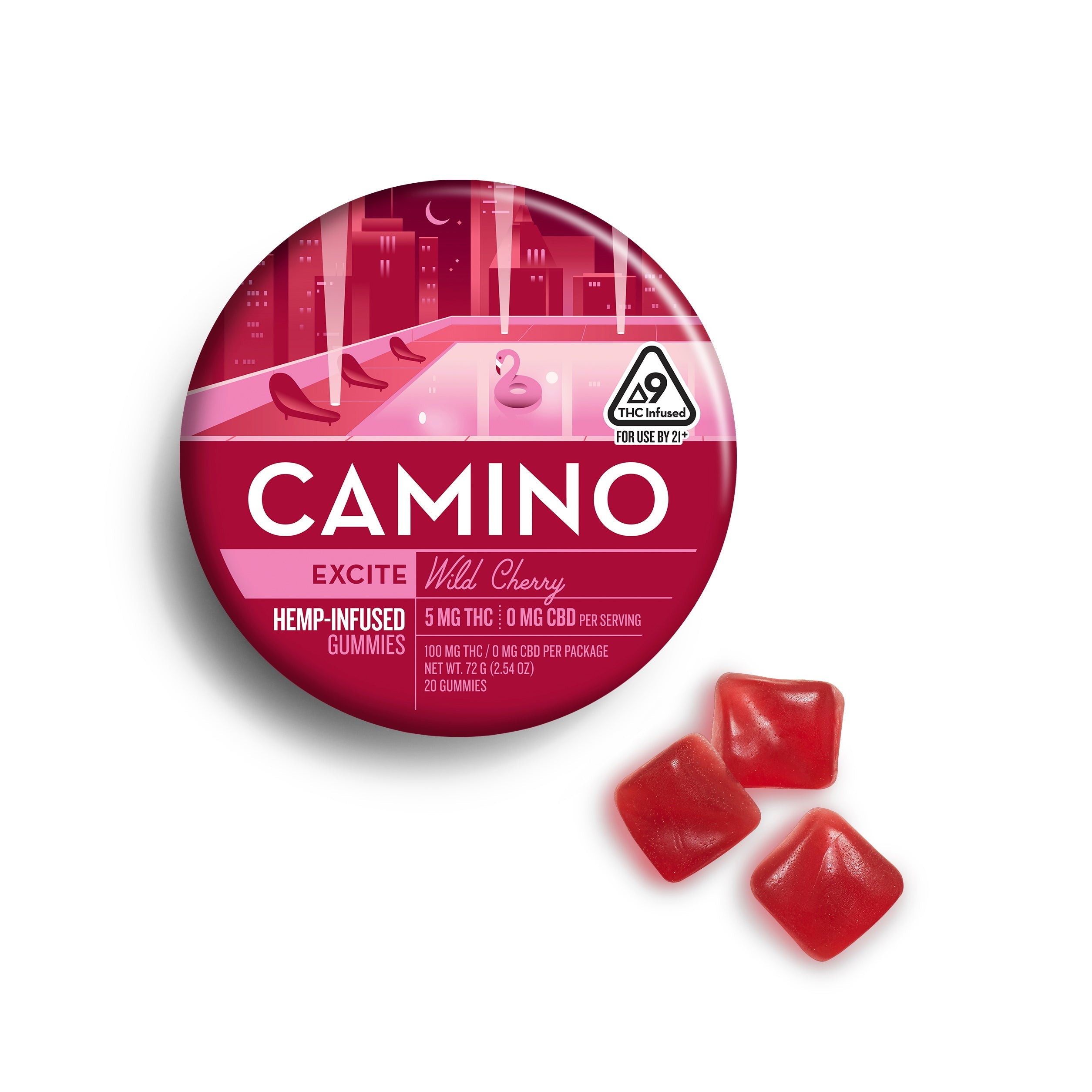 Camino Wild Cherry Excite gummies featuring 5mg THC per gummy, packaged in a vibrant container with three gummies displayed.
