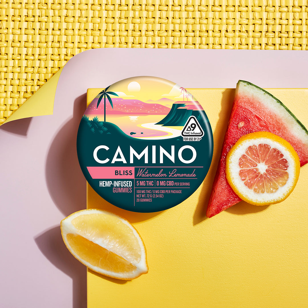 Camino Watermelon Lemonade Bliss gummies featuring 5mg THC per gummy in a vibrant, tropical-themed packaging.