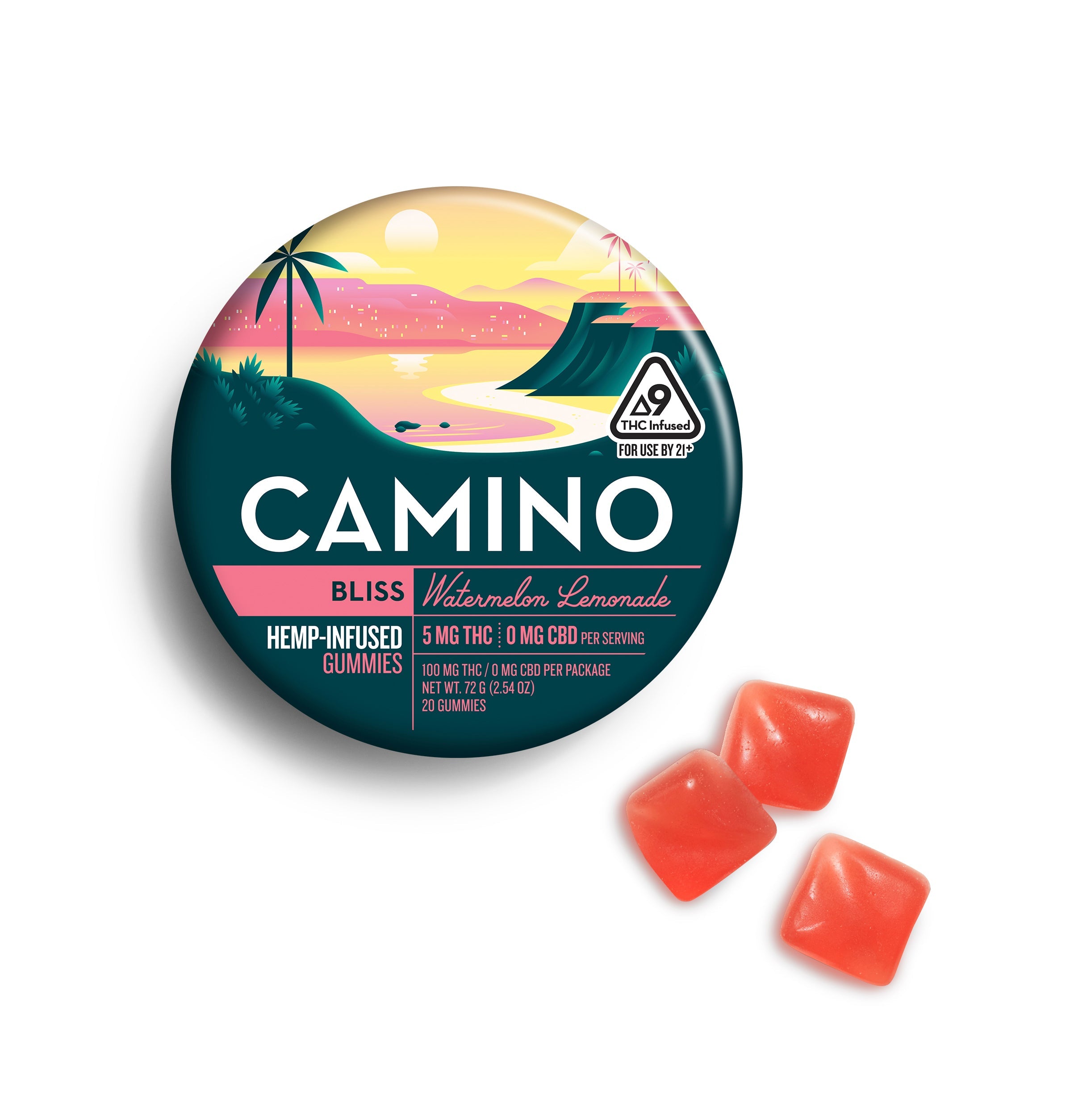 Camino Watermelon Lemonade Bliss gummies featuring 5mg THC and 1mg CBD per serving in a vibrant, tropical package.