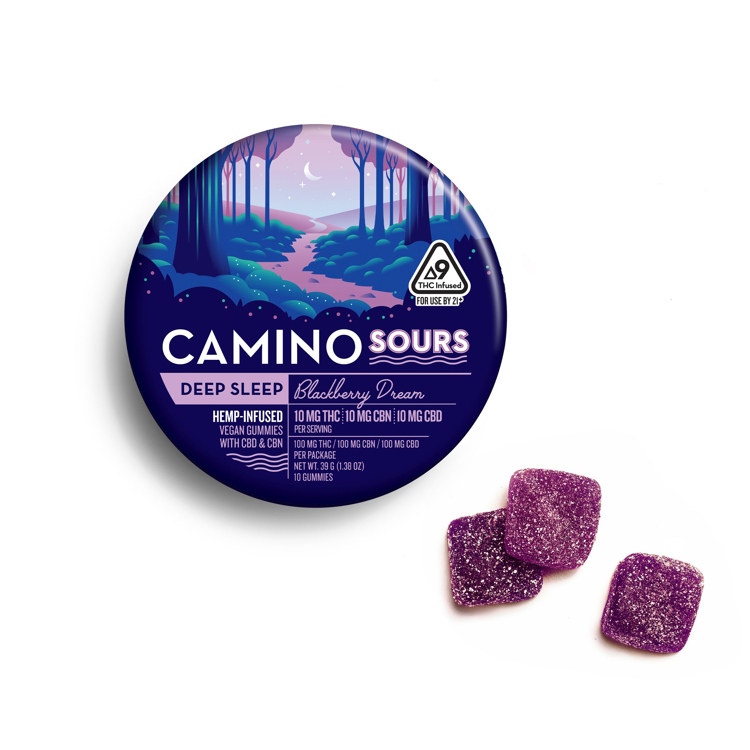 Vegan hemp-infused gummies labeled "Camino Sours Deep Sleep Blackberry Dream," with purple and pink sugar coating, in a ro...