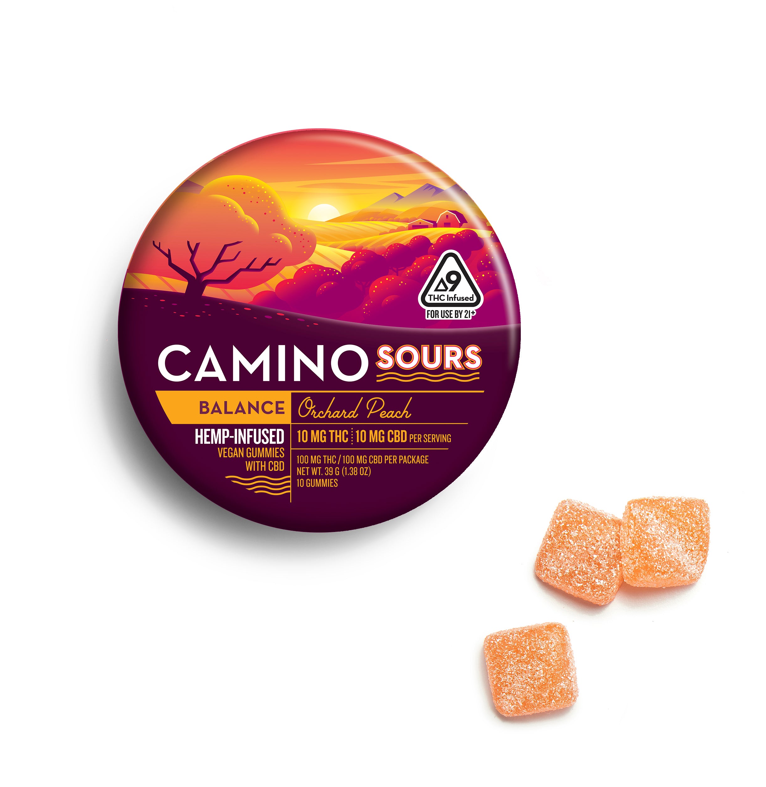 Hemp-infused Sours gummies in orange peach flavor, 10mg THC and CBD each, in a purple container with sunset scenery, lab-v...