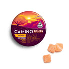 Hemp-infused Sours gummies in orange peach flavor, 10mg THC and CBD each, in a purple container with sunset scenery, lab-v...