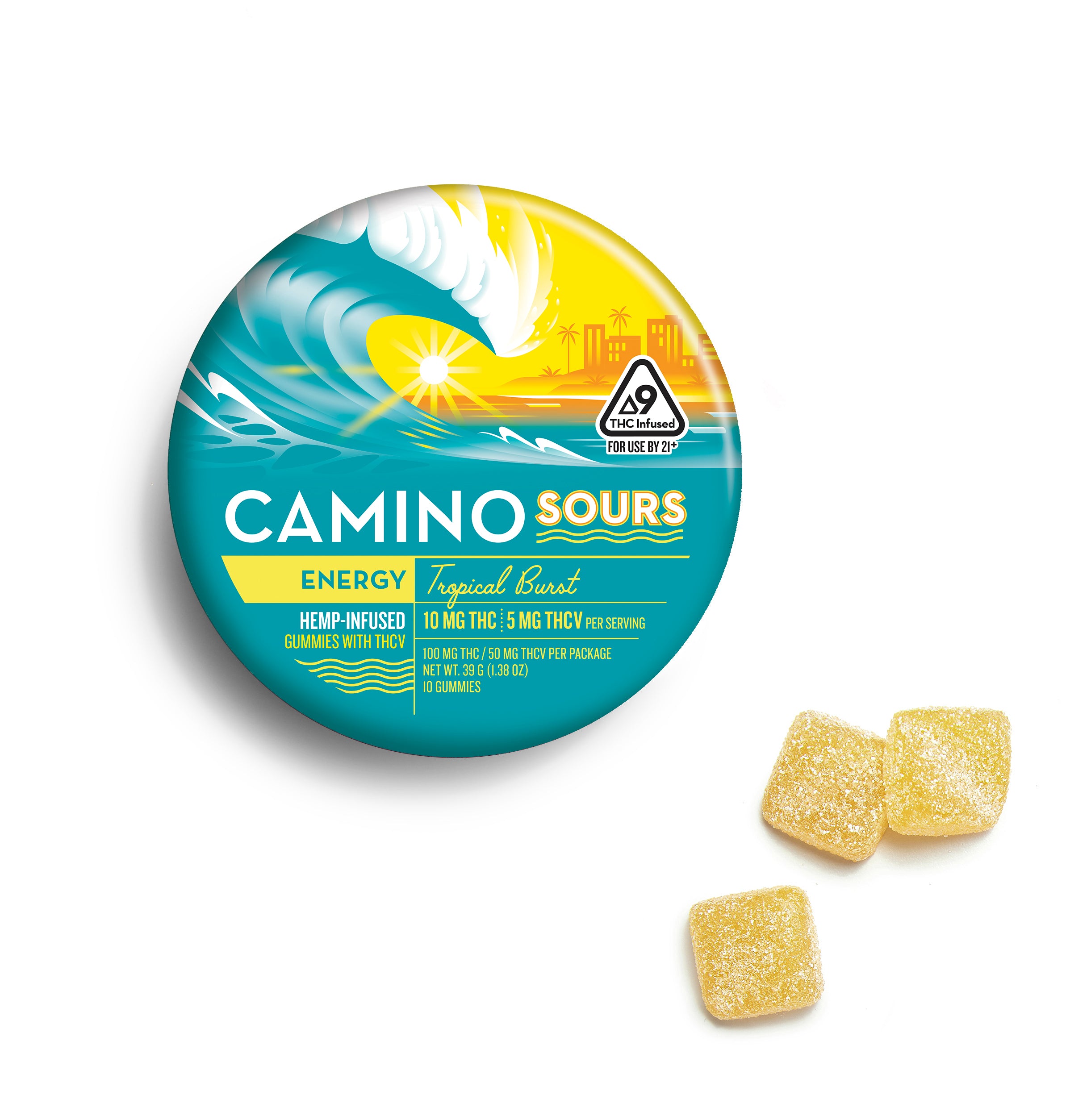 Camino Sours Tropical Burst energy gummies featuring 10mg THC per serving in a vibrant packaging with yellow gummies.