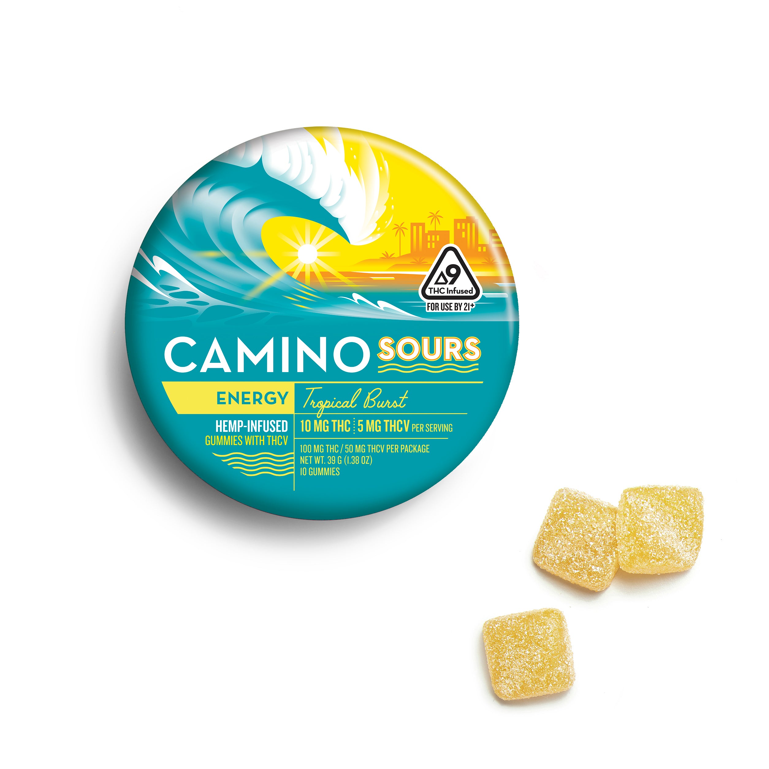 Camino Sours Tropical Burst energy gummies featuring 10mg THC per serving in a vibrant packaging with yellow gummies.