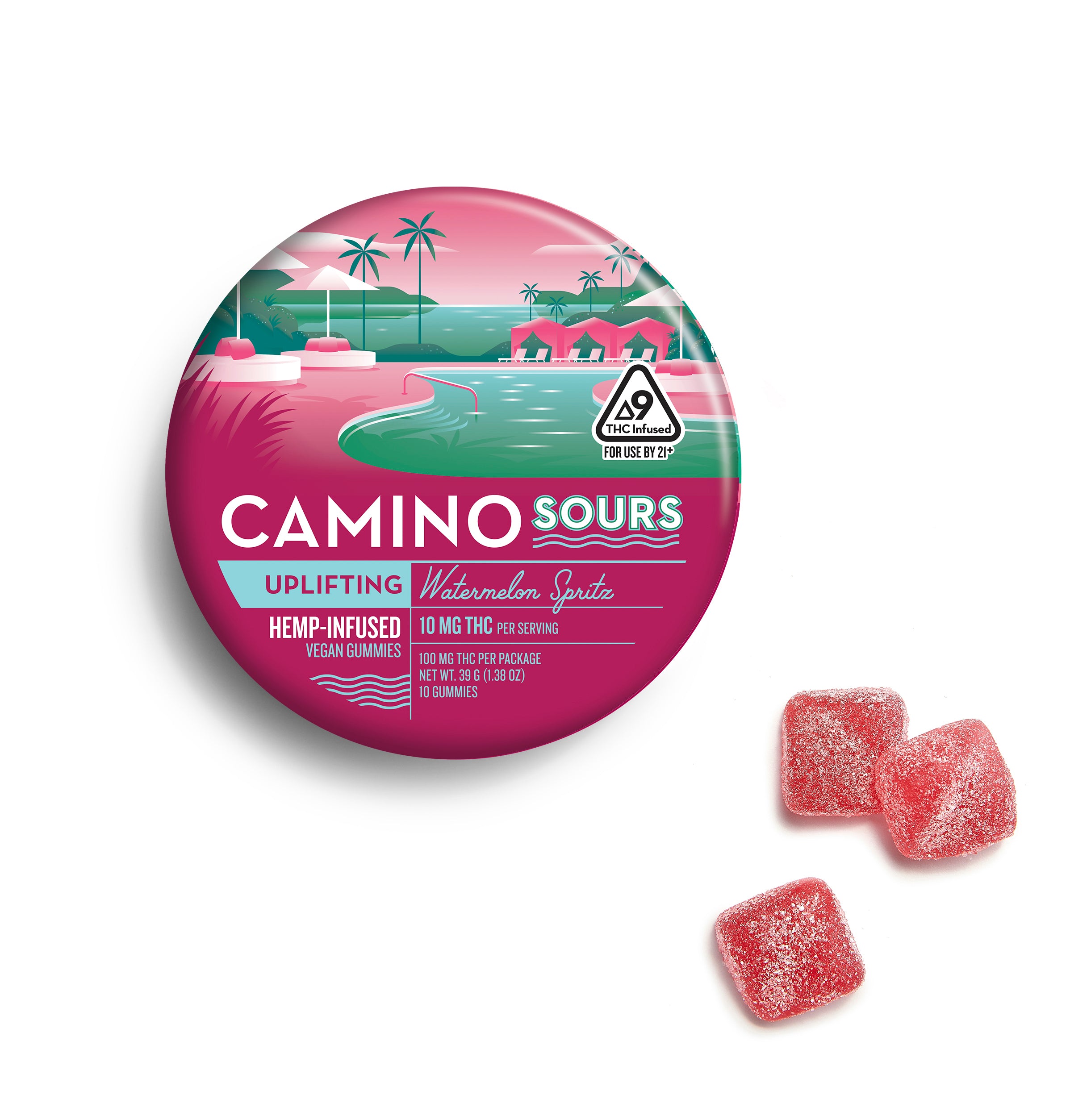 Colorful grapefruit and teal packaging with a pool scene, labeled "Camino Sours Uplifting Watermelon Spritz" hemp gummies,...