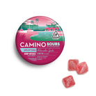 Colorful grapefruit and teal packaging with a pool scene, labeled "Camino Sours Uplifting Watermelon Spritz" hemp gummies,...