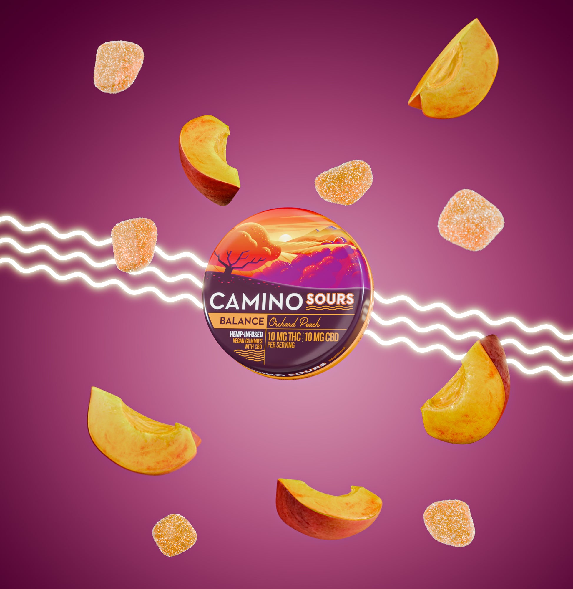 Colorful Camino Sours peach-flavored hemp gummies with CBD and THC, surrounded by peach slices and gummies on a purple bac...
