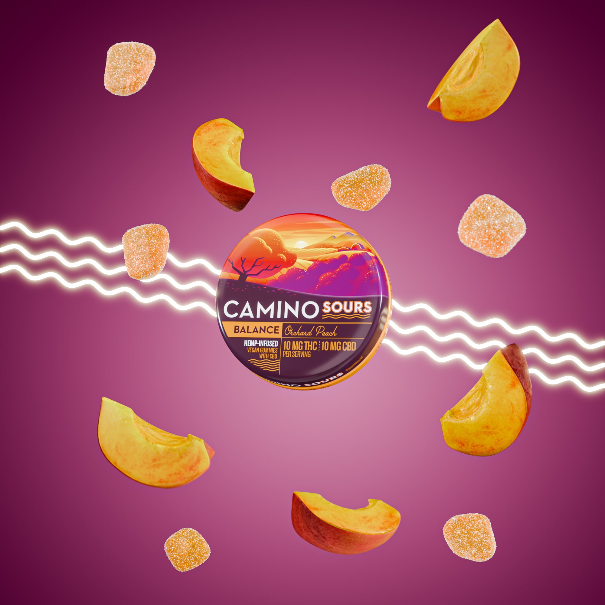 Colorful Camino Sours peach-flavored hemp gummies with CBD and THC, surrounded by peach slices and gummies on a purple bac...