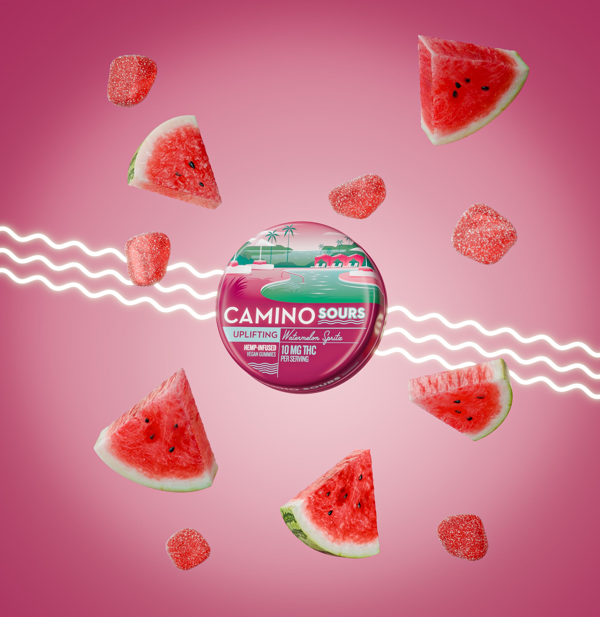 Watermelon-flavored hemp gummies and fruit slices on pink background, highlighting USA-made, lab-verified, discreet shipping.